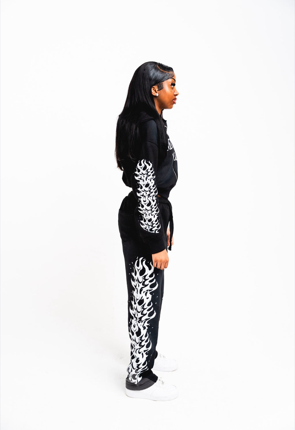 Women Black Burning Flame Flared Tracksuit